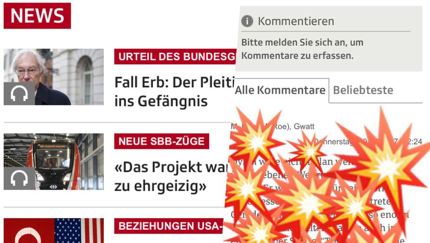 Collage aus Kommentarspalte auf srfnews.ch und Explosions-Symbolen