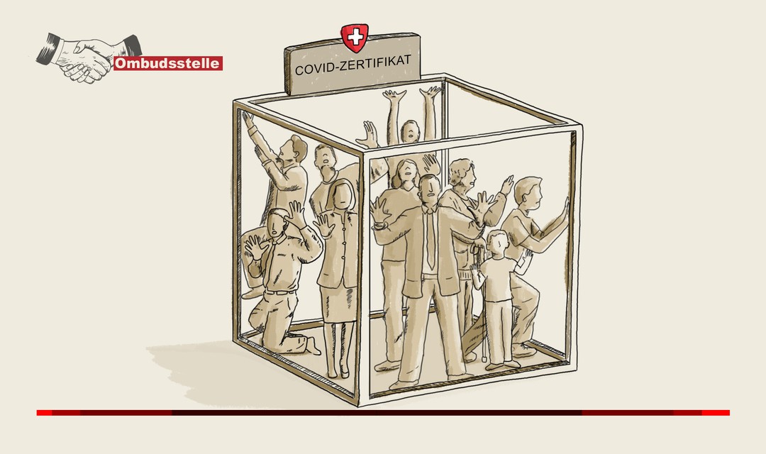 Die Illustration zeigt eine würfelförmige Glasbox. Verschiedene Menschen aus der Gesellschaft sind unzufrieden mit der Einschränkung und ertasten die Wände mit den Händen.