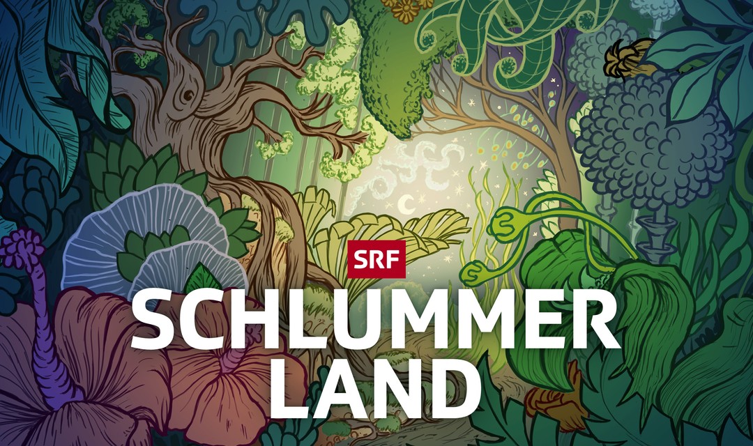 Schrift «SRF Schlummerland», im Hintergrund ein gemalter Wald mit tropischen Pflanzen