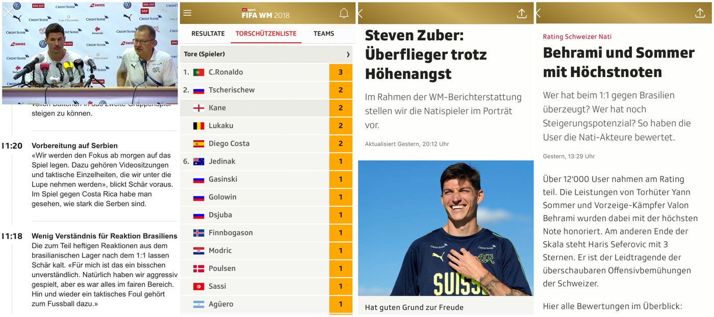 Screenshots der SRF Sport Apps mit Nachrichten und Videos