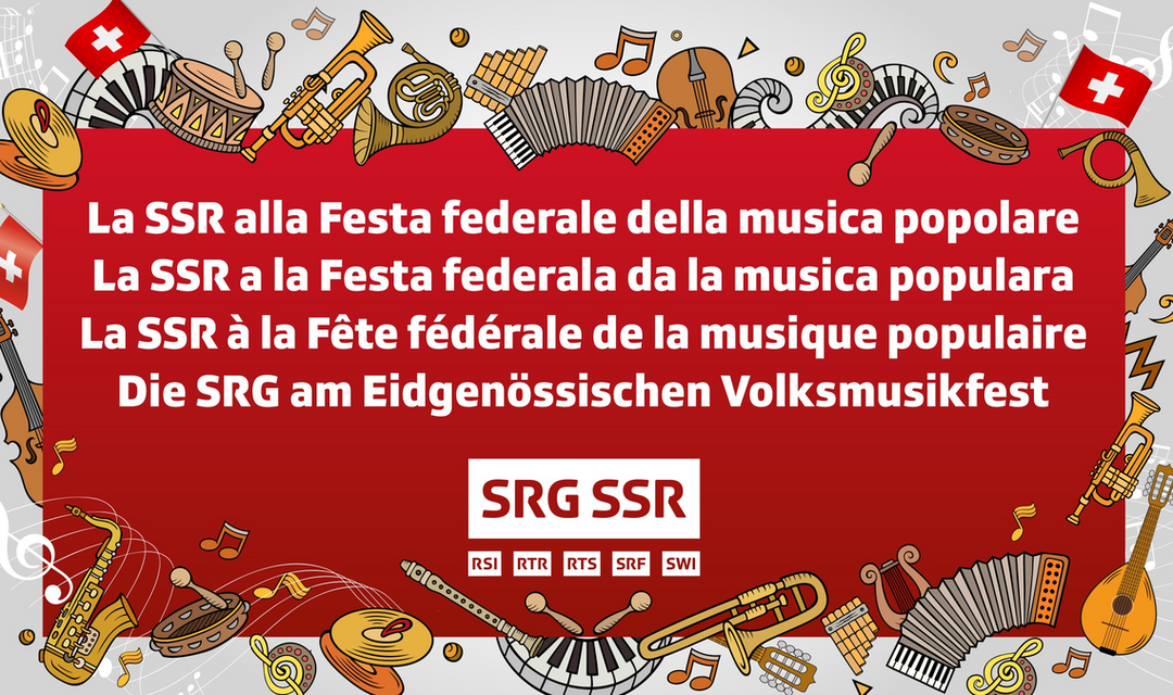 In einem roten Rechteck steht auf Italienisch, Rätoromanisch, Französisch und Deutsch: «Die SRG am Eidgenössischen Volksmusikfest». Rund um das Rechteck hat es Illustrationen von Musikinstrumenten (Akkordeon, Klavier, Cello sowie verschiedene Blas- und Perkussionsinstrumente).