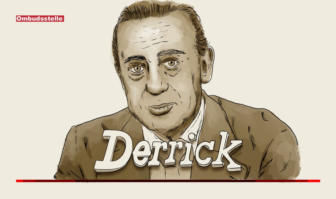 Die Illustration zeigt das Gesicht des Derrick-Darstellers Horst Tappert. Darunter ist der Schriftzug der Krimiserie "Derrick" platziert.