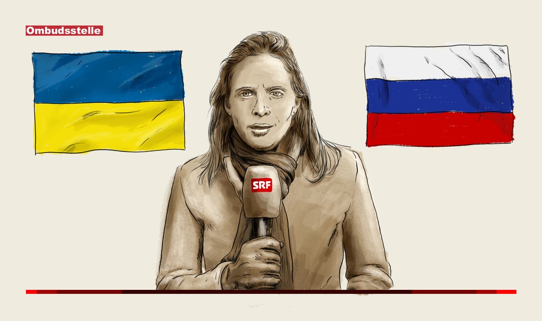 Illustration der SRF-Korrespondentin Luzia Tschirky, links von ihr die Flagge der Ukraine, rechts die russische Flagge
