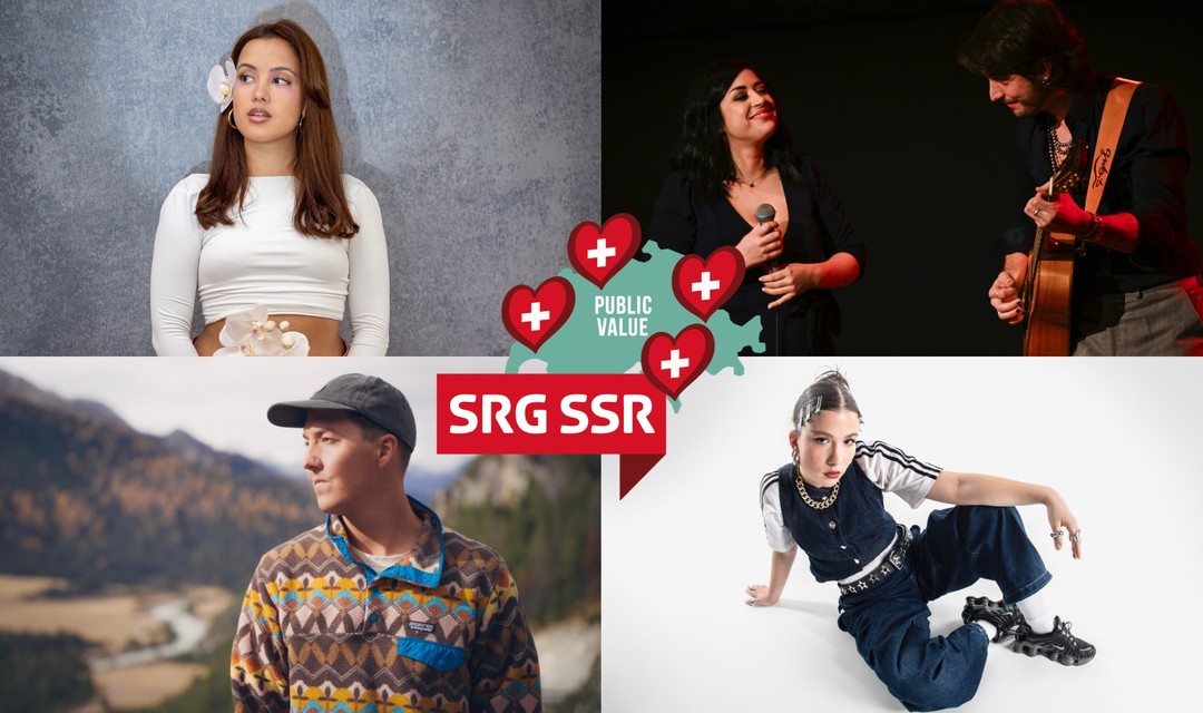 Die vier auftretenden Musikschaffenden und in der Mitte das Logo des Events