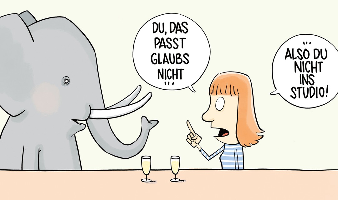 Karikatur eines Castingtreffen zwischen Produzentin und Castingteilnehmer (einem Elefanten). Am Tisch sitz ein Elefant und eine Produzentin. Die Produzentin schaut das Elefant an und sagt "Du, das passt glaubs nicht. Also du nicht ins Studio!"