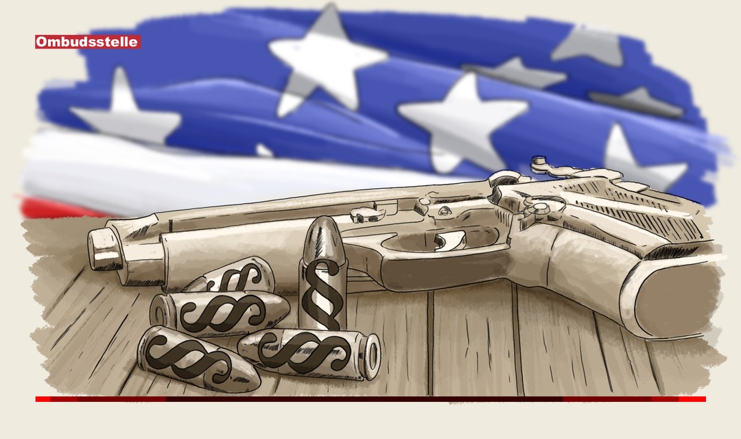 Illustration: Eine Pistole liegt auf einem Tisch, links vornedran liegt Munition mit Paragraphen darauf, im Hintergrund die US-Flagge