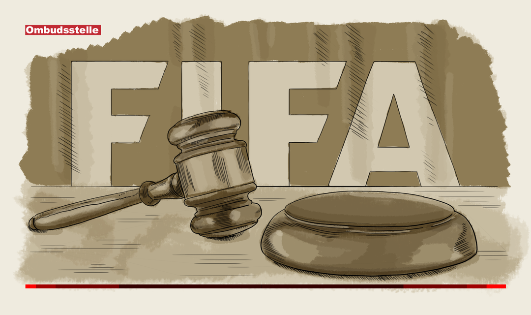 Die Illustration zeigt einen Richterhammer. Im Hintergrund ist das FIFA-Logo abgebildet (heller Schriftzug auf dunklem Grund).