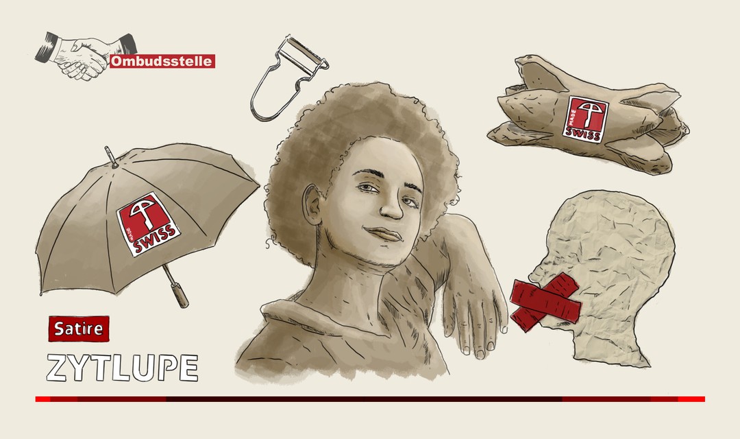 Die Illustration zeigt Fatima Moumouni. Um sie schwirren ein Regenschirm und ein Cervelat mit dem Swiss-Made-Symbol, ein Schweizer Sparschäler und ein Kopf mit zugeklebtem Mund als Symbol der Cancel Culture