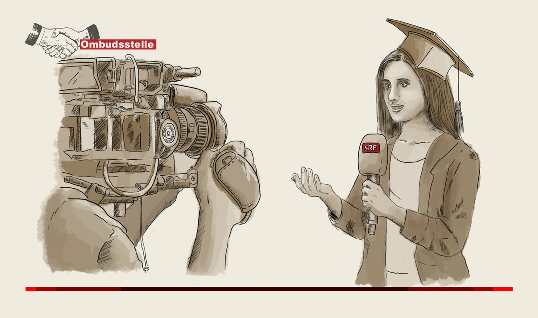 Die Illustration zeigt eine Journalistin mit Doktorhut und SRF-Mikrofon, die etwas vor der Kamera erklärt