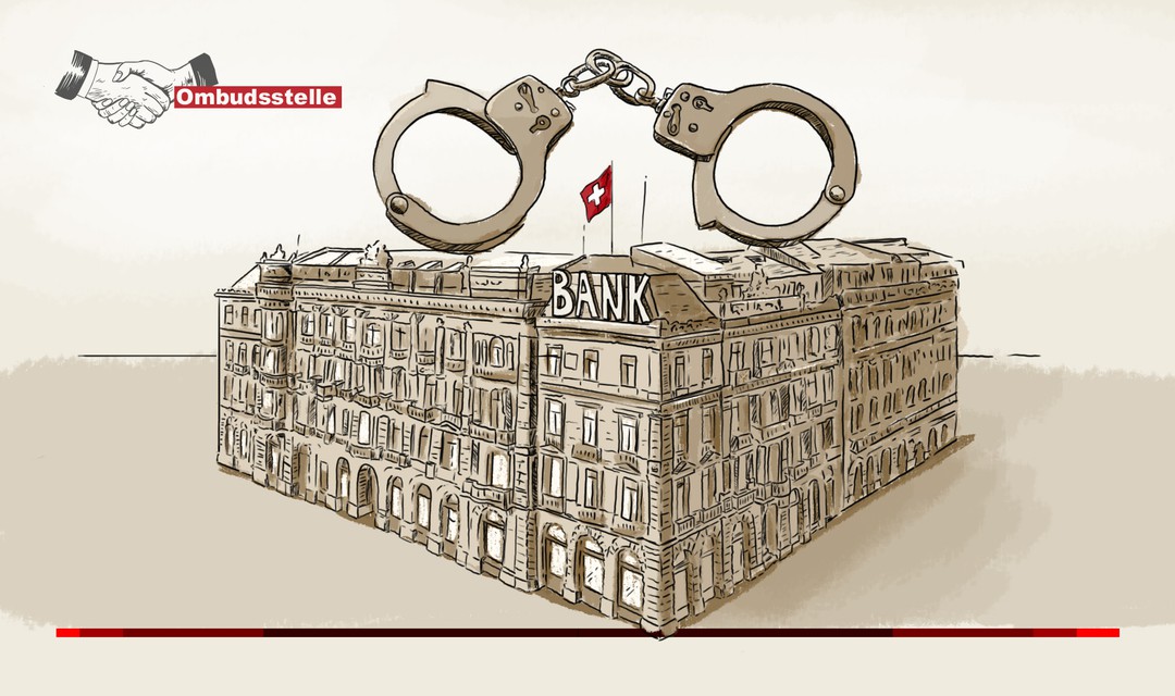 Die Illustration zeigt den Hauptsitz einer Schweizer Bank. Darüber sind ein paar Handschellen gezeichnet.