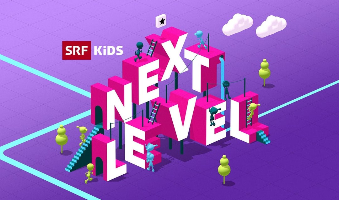 Keyvisual: Schrifzug «Next Level» mit Leitern und Treppen dran, an dem Spielfiguren daran herumklettern