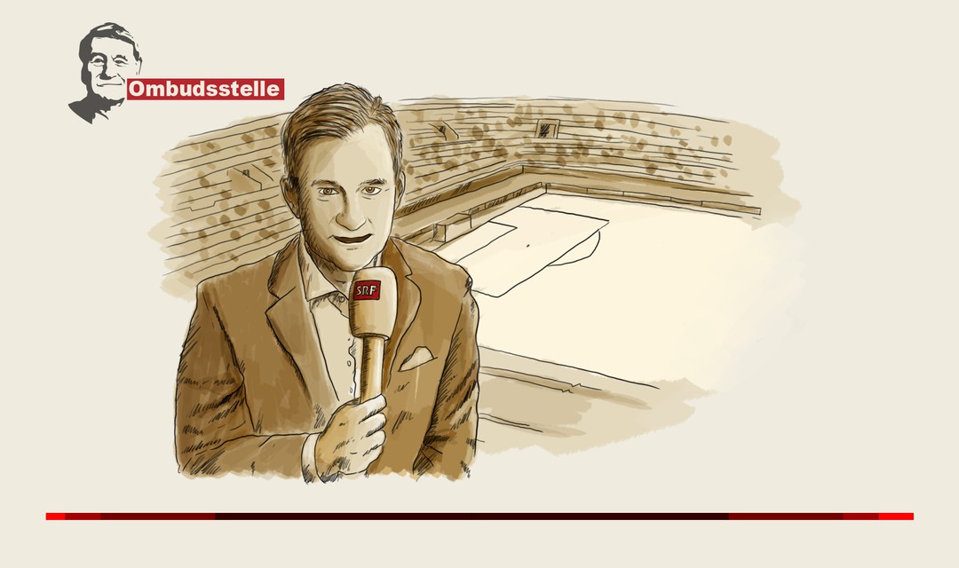Die Illustration zeigt Kommentator Sascha Ruefer mit Mikrofon. Im Hintergrund sieht man ein Fussballstadion