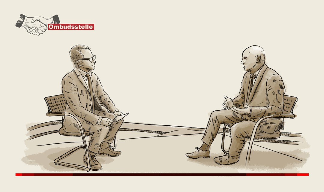 Die Illustration zeigt SRF-Journalist Gion-Duri Vincenz im Interview mit Alain Berset. Sie sitzen sich im Studio auf zwei Stühlen gegenüber.