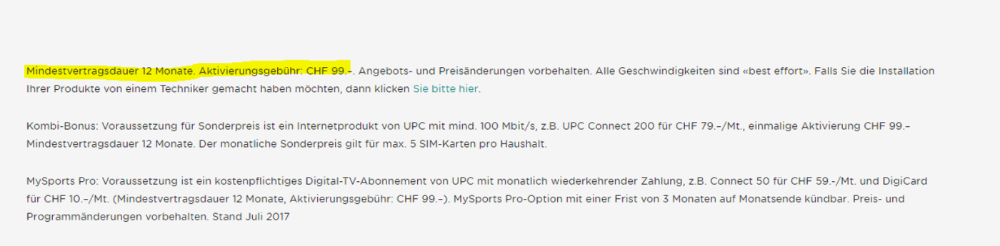 Auszug UPC MySports-Abo