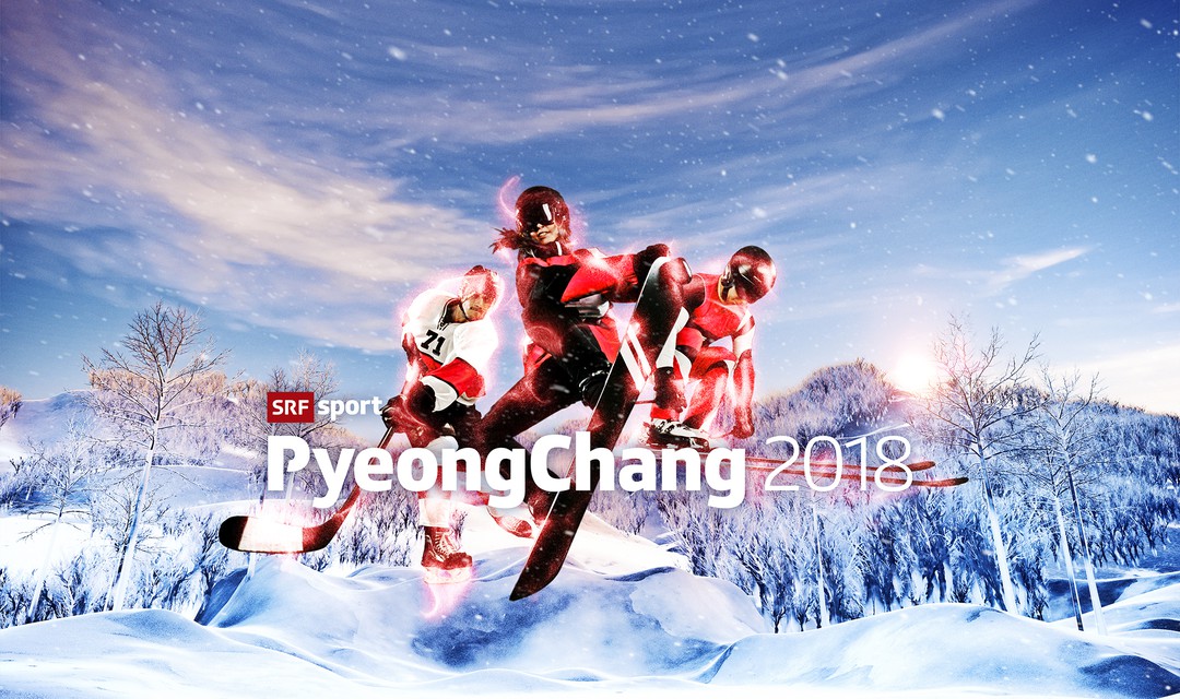 Drei Hockeyspieler vor Winterlandschaft mit Schriftzug PyeongChang im Vordergrund
