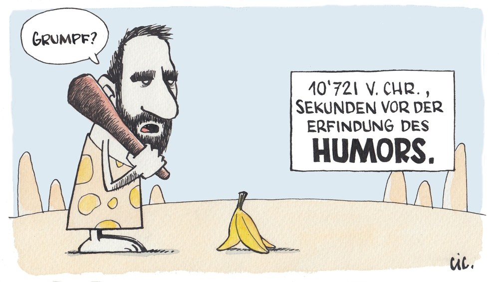 Illustration: Steinzeiltmann steht vor Bananenschale