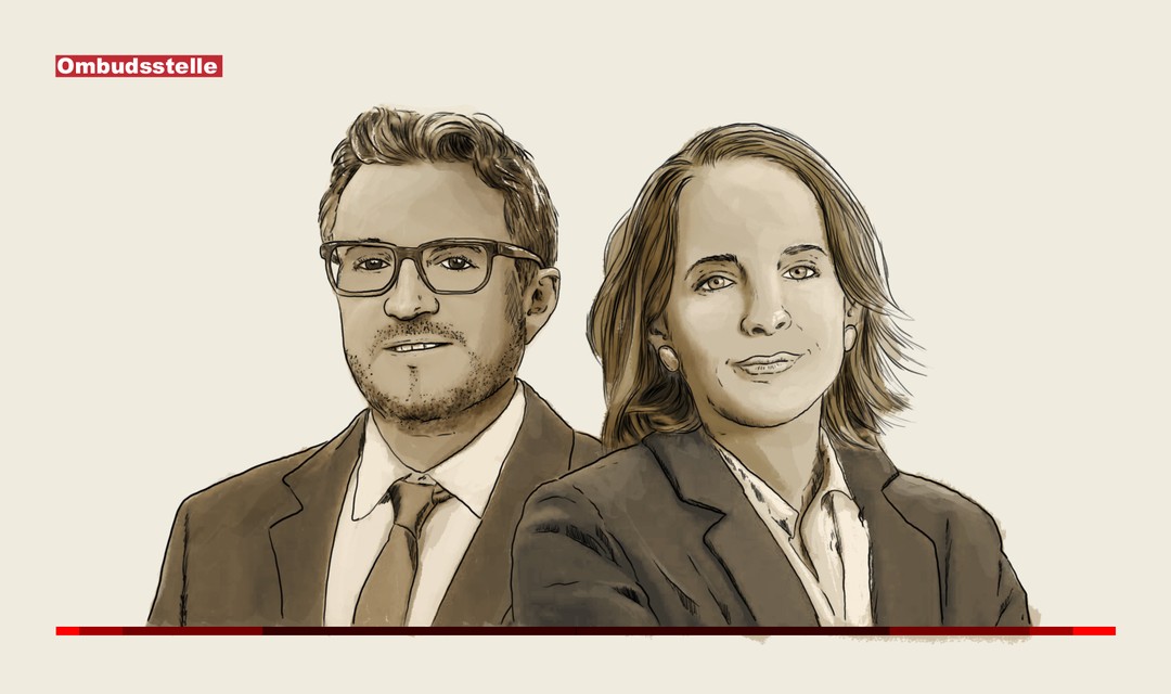 Die Illustration zeigt ein Porträt der beiden Korrespondent:innen Sebastian Ramspeck (links) und Luzia Tschirky (rechts im Bild)