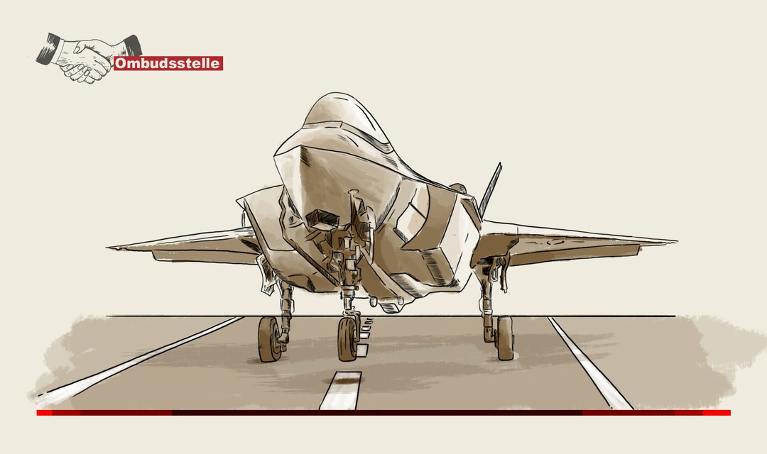 Die Illustration zeigt den Kampfjet F-35 von vorne, wie er von der Piste abhebt