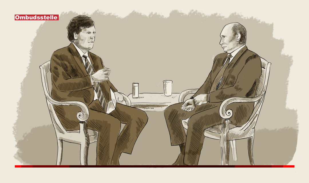 Illustration von Tucker Carlson während dem Interview mit Vladimir Putin