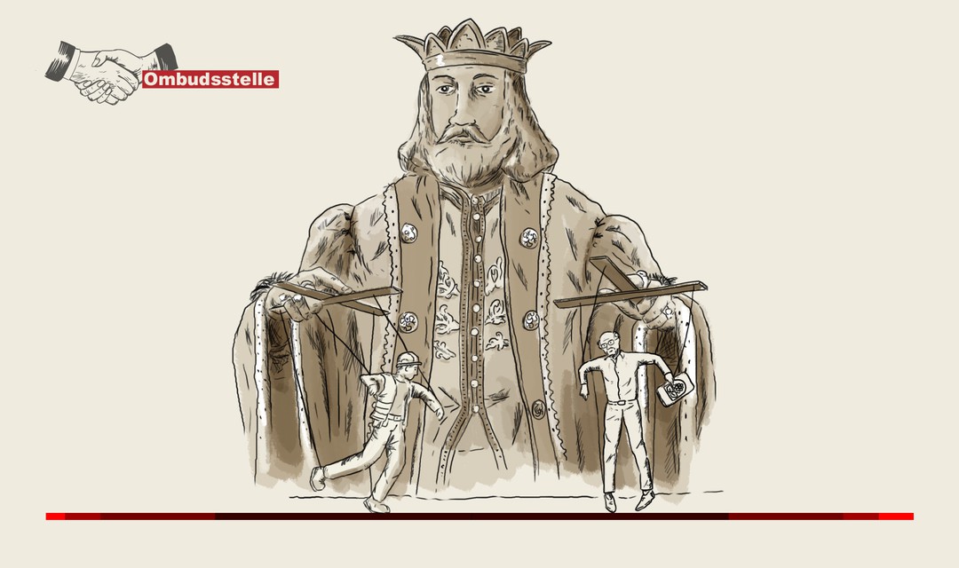 Die Illustration zeigt einen König, der in jeder Hand ein Marionettenspielkreuz mit je einer Figur hält. Die eine Figur zeigt einen Handwerker, die andere ein Behördenmitglied der Gemeinde Wynau