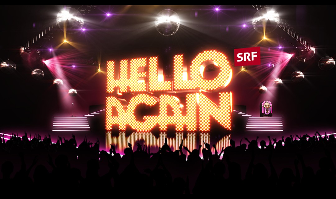 Die Bühne mit dem «Hello Again»-Schriftzug auf dem Screen