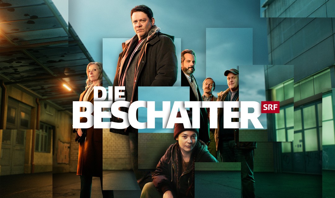 Keyvisual der SRF-Serie «Die Beschatter»: Fotocollage mit den Hauptdarsteller:innen und dem Schriftzug «Die Beschatter»