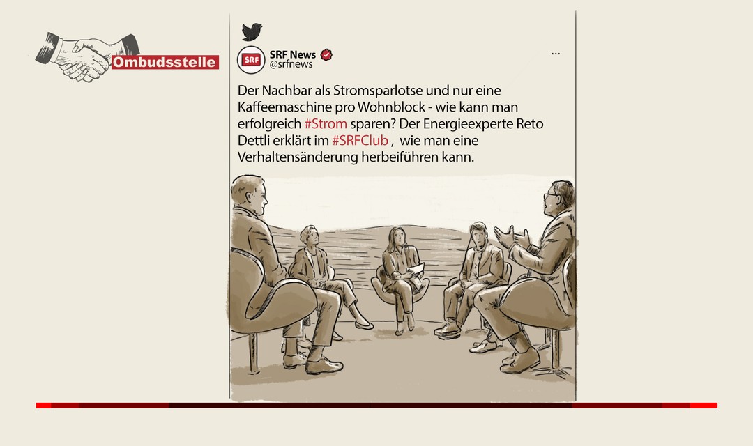 Die Illustration stellt den beanstandeten Tweet nach: Nach einem Einleitungstext sind die Moderatorin und die Gäste des Clubs in der Gesprächsrunde sitzend abgebildet. Ganz rechts im Bild spricht der Energieexperte und gestikuliert mit den Händen.