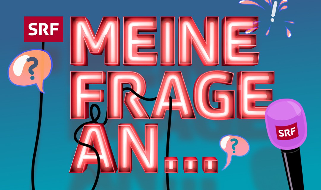 Keyvisual mit blauem Hintergrund und orangem Schriftzug "meine Frage an"