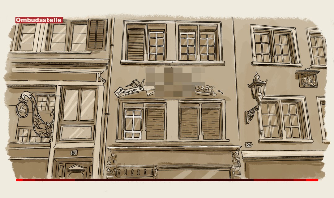 Die Illustration zeigt eine historische Häuserfront im Zürcher Niederdorf. Auf einer Hausfassade wäre eine klischiert gezeichnete, spärlich bekleidete dunkelhäutige Person sitzend und mit Speer zu sehen (sie wurde verpixelt). Links von der Person ist der Schriftzug "Zum kleinen M....." zu lesen.