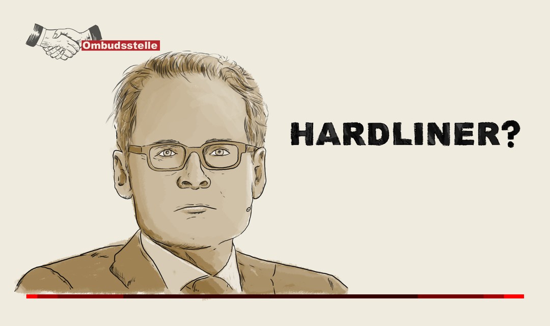 Illustration Roger Köppel neben dem Schriftzug «Hardliner?»